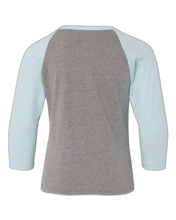 Load image into Gallery viewer, Ice Blue Sleeves/ Dark Heather Grey Body — back · rembg
